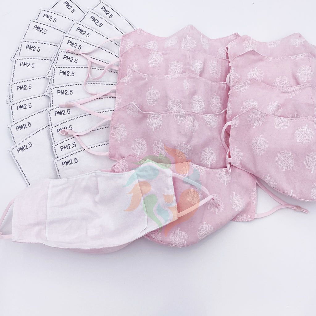 [10 PACK] Pink Tree Printed Linen Cotton 3 Layer Mask + Filters