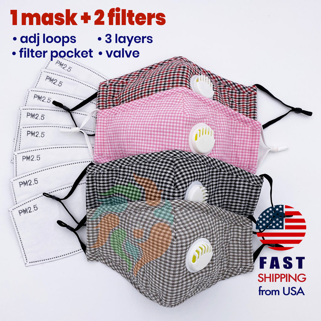 Plaid Cotton Face Mask with Valve + Filters