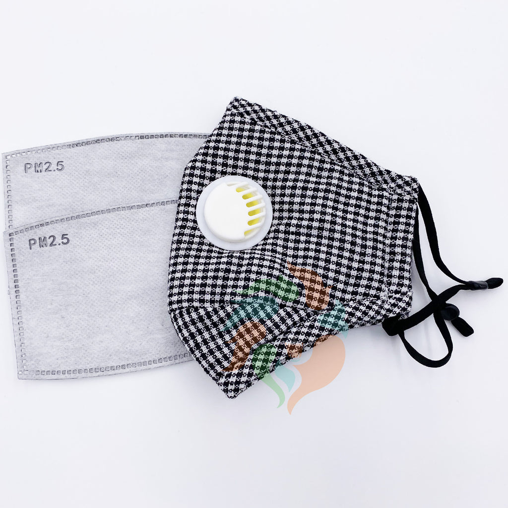 Black Plaid Cotton Face Mask with Valve + Filters