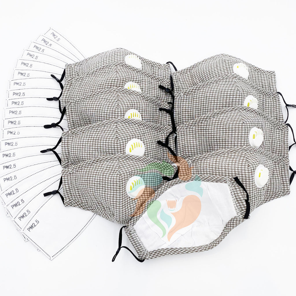 [10 PACK] Gray Plaid Cotton Face Mask with Valve + Filters