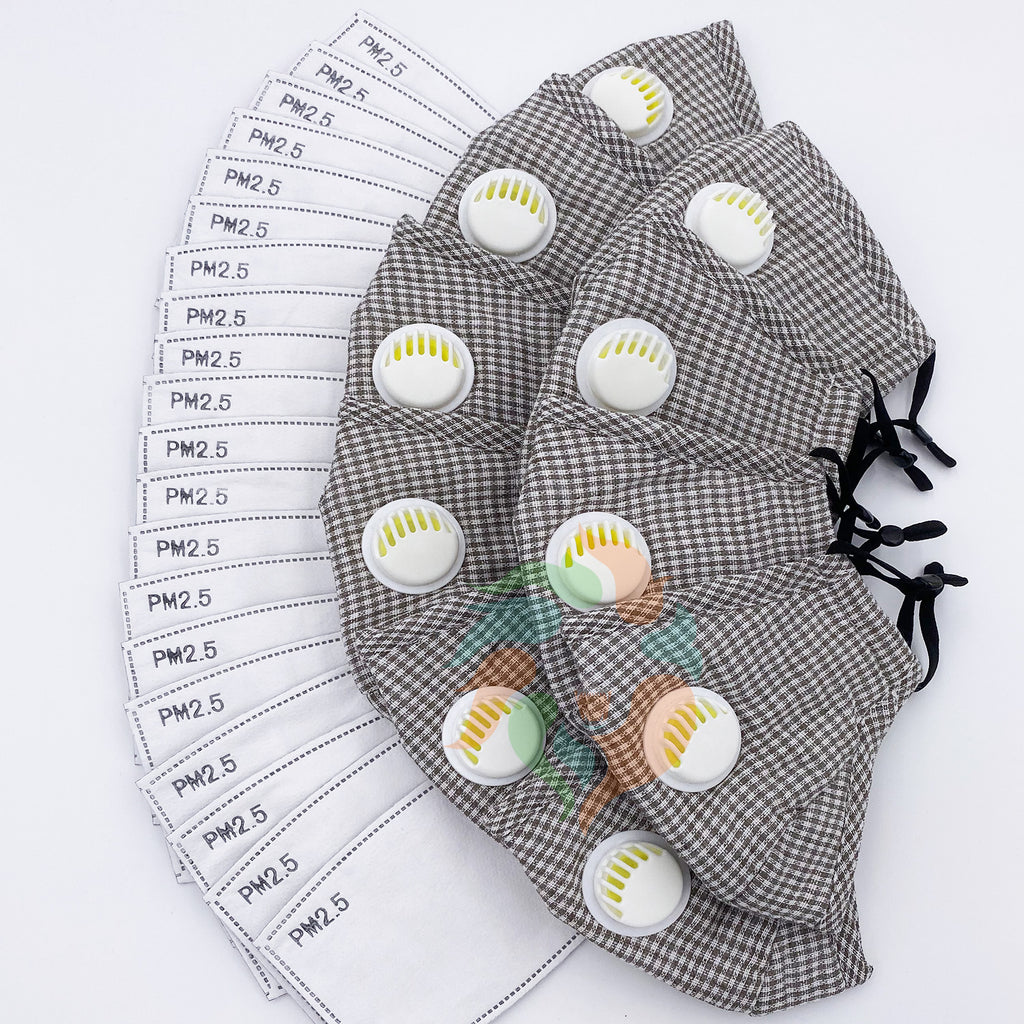 [10 PACK] Gray Plaid Cotton Face Mask with Valve + Filters