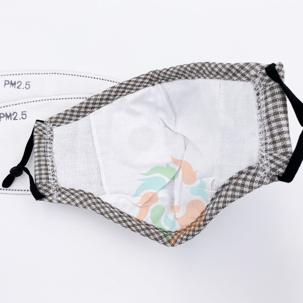[3 PACK] Gray Plaid Cotton Face Mask with Valve + Filters