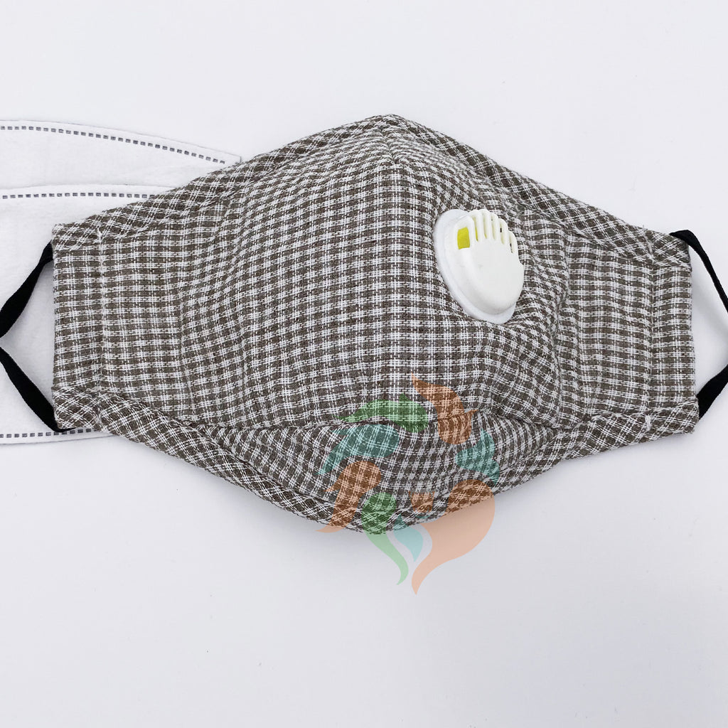Gray Plaid Cotton Face Mask with Valve + Filters