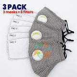 [3 PACK] Gray Plaid Cotton Face Mask with Valve + Filters