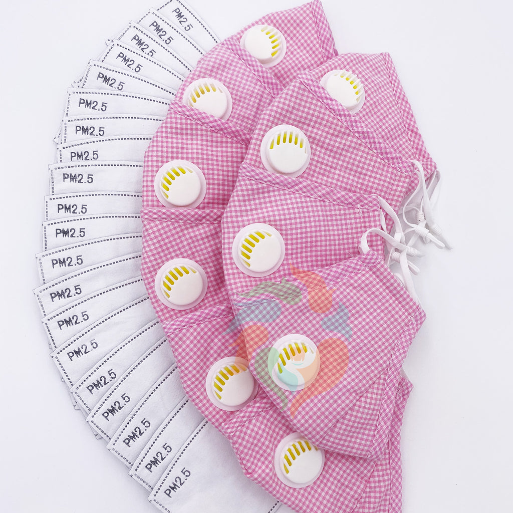 [10 PACK] Pink Plaid Cotton Face Mask with Valve + Filters