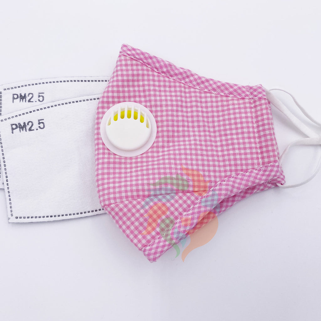 [3 PACK] Pink Plaid Cotton Face Mask with Valve + Filters