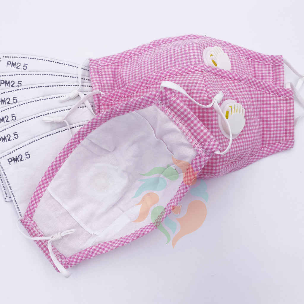 [50 PACK] Pink Plaid Cotton Face Mask with Valve + Filters