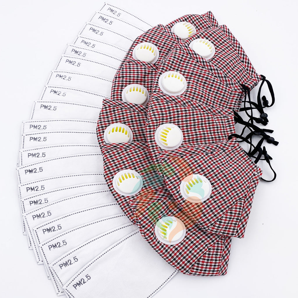 [10 PACK] Red Plaid Cotton Face Mask with Valve + Filters