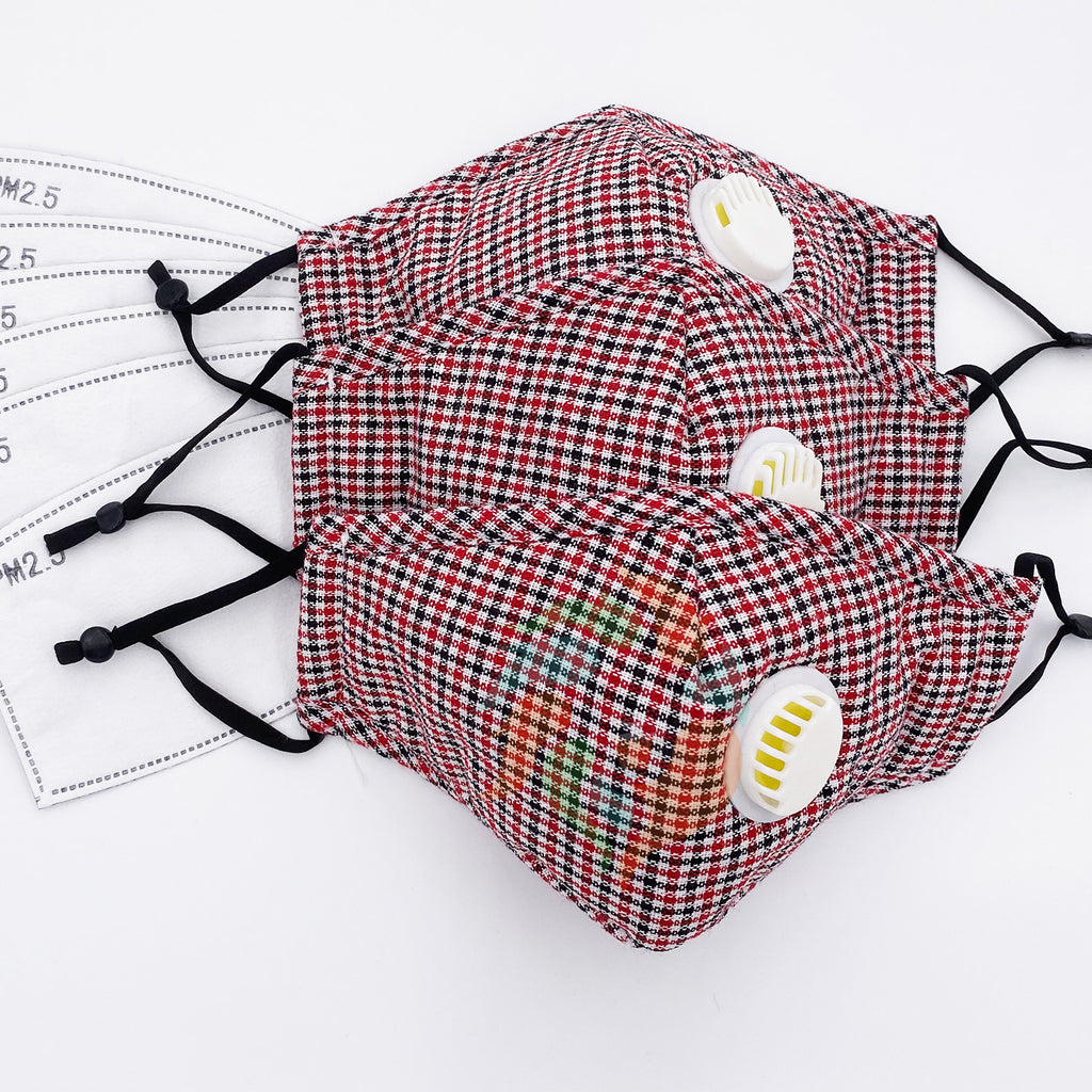 [3 PACK] Red Plaid Cotton Face Mask with Valve + Filters