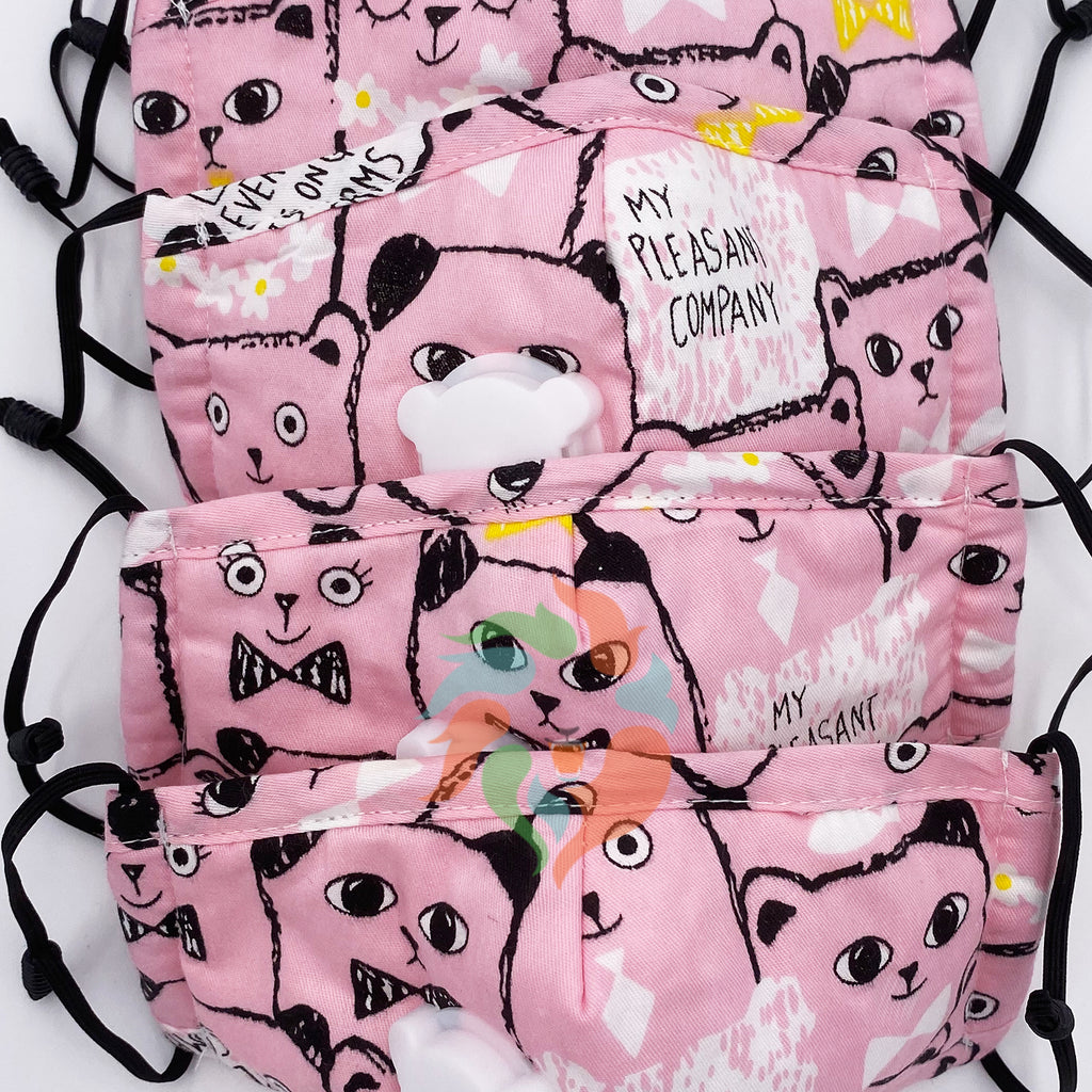 [5 PACK] Pink Kitty Bear Kids Cotton Valve Face Masks- NO FILTER