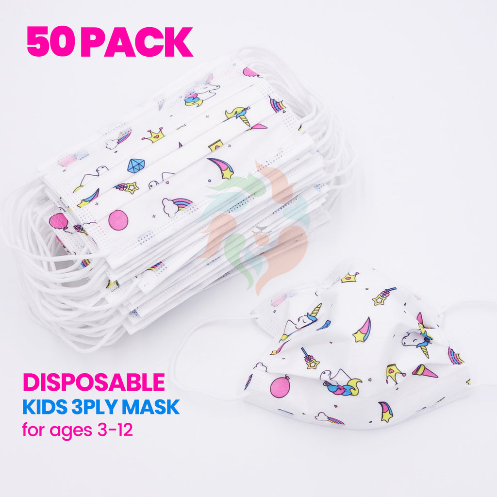 [50 PACK] Kids Disposable Mask 3 Ply Non-Medical-WHITE UNICORN