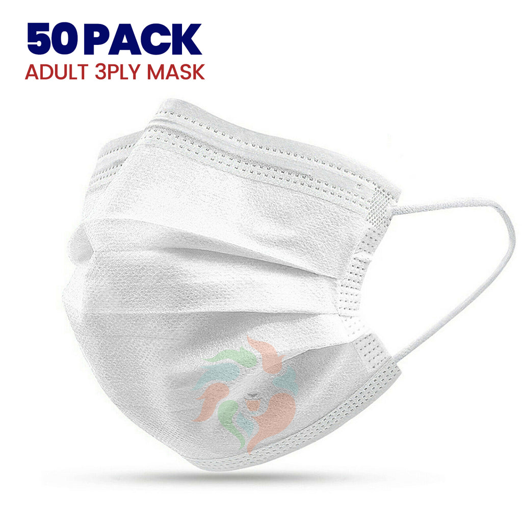 [50 PACK] WHITE 3ply Disposable Adult Mask